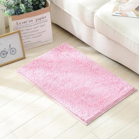 Pink Chenille Bathroom Rugs Set 2 Piece - Non Slip Absorbent Bath Mat for Shower, Quick Dry Machine Washable Floor Mats, Soft Plush, 17"x24"+20"x32" Inch