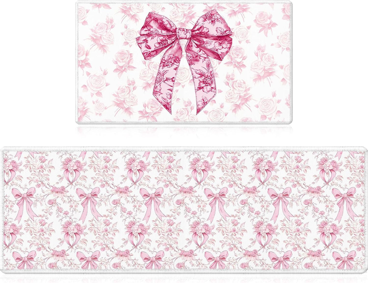 Pink Bow Kitchen Rug and Mat Set of 2, Cute Coquettte Non-Slip Kitchen Rugs, Pink Bow Sweet Decorations for Home Indoor Bathroom Living Room Sink Laundry Floor Decor 17x29 and 17x47 Inch