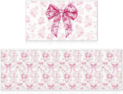 Pink Bow Kitchen Rug and Mat Set of 2, Cute Coquettte Non-Slip Kitchen Rugs, Pink Bow Sweet Decorations for Home Indoor Bathroom Living Room Sink Laundry Floor Decor 17x29 and 17x47 Inch