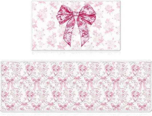 Pink Bow Kitchen Rug and Mat Set of 2, Cute Coquettte Non-Slip Kitchen Rugs, Pink Bow Sweet Decorations for Home Indoor Bathroom Living Room Sink Laundry Floor Decor 17x29 and 17x47 Inch