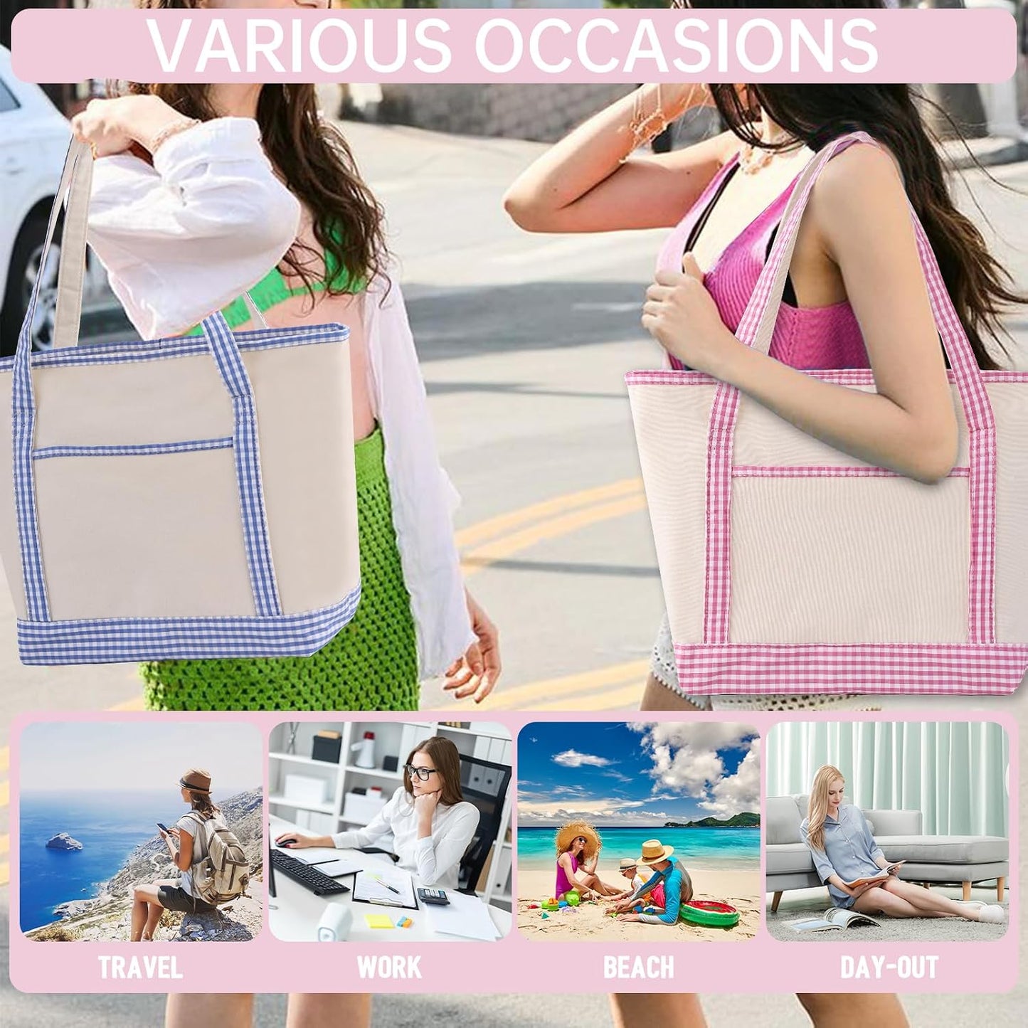 Tote Bag for Women,Canvas Gingham Handbag with Zipper and Pockets,Shoulder Bag for Work Travel Beach