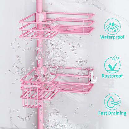 HapiRm Corner Shower Caddy Organizer - Shower Organizer Corner with Soap Holder, Toothbrush Holder and 4 Hooks, Rustproof Bathroom Shelf Tension Pole Available for 27.6 to 108.3 Inch - Pink