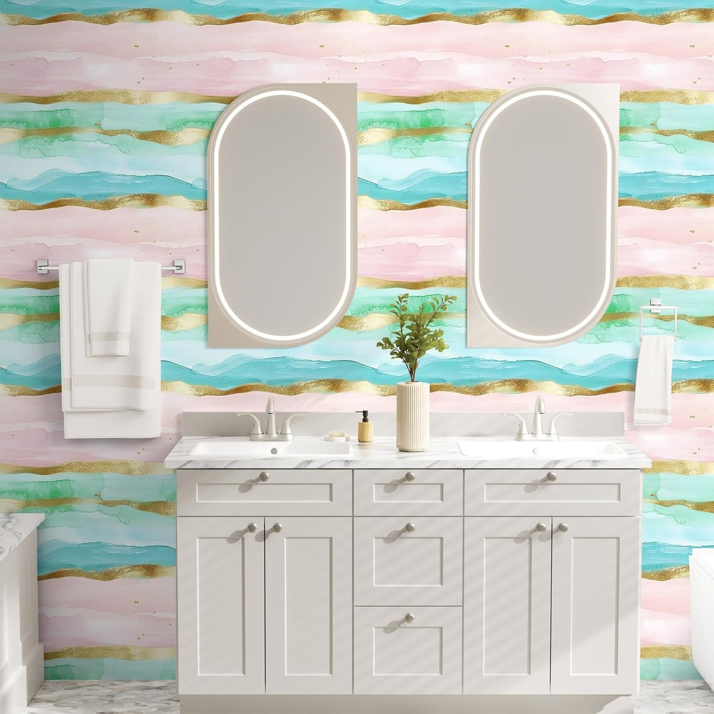 HAOKHOME Bathroom Wallpaper Peel and Stick Coastal Wave Beach Stripe Wall Paper Pink/Blue/Gold Removable Contact Paper 17.3in x 9.8ft