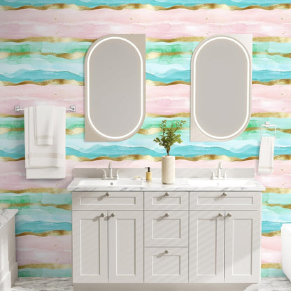 HAOKHOME Bathroom Wallpaper Peel and Stick Coastal Wave Beach Stripe Wall Paper Pink/Blue/Gold Removable Contact Paper 17.3in x 9.8ft