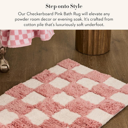 MACKENZIE-CHILDS Checkerboard Bath Rug, Washable Bath Mat for Bathroom Decor, 24" x 40", Pink-and-White Check