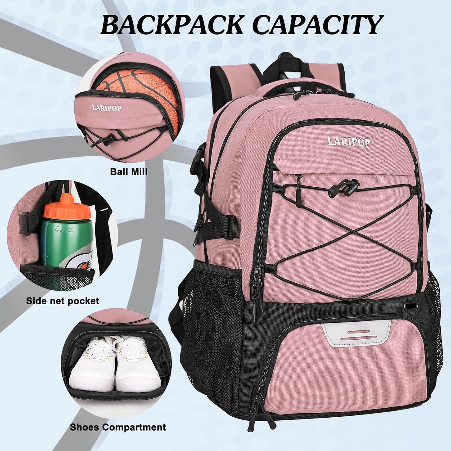 LARIPOP Basketball Backpack Large Basketball Bag with Ball Holder & Shoe Compartment for Adults Men Women