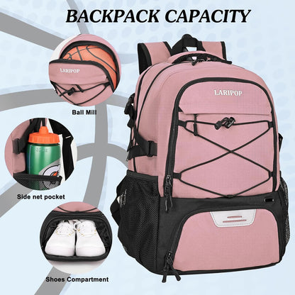 LARIPOP Basketball Backpack Large Basketball Bag with Ball Holder & Shoe Compartment for Adults Men Women