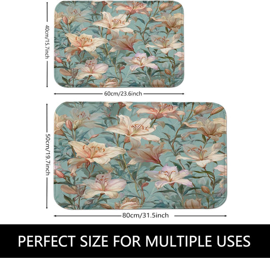 Floral Dream Quick Dry Bath Mat, Elegant Peach Lily Pattern Absorbent Non Slip Shower Mat, Summer Memory Foam Washable Bath Rugs for Bathroom Toilet Restroom Decorative 20x32 Inch