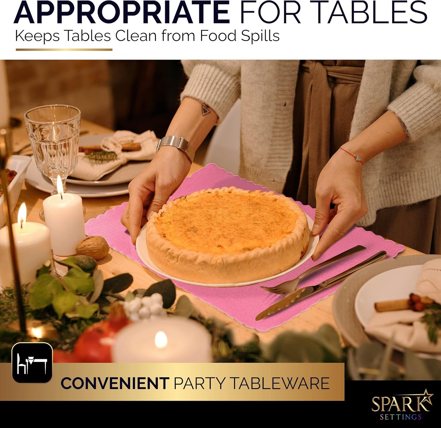 Paper Placemat Disposable, Bright Pink Place Mats with Scalloped Edges, Durable Paper Placemat for Holiday Wedding Party Supplies Decor, 9.75 X 14 Inches, Pack of 50 - by SparkSettings