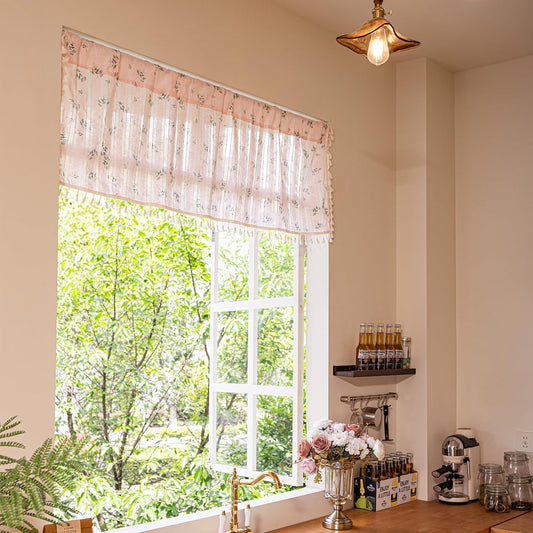 Deeprove Boho Valance Short Curtain Printed 18 inch for Closet Kitchen Shelf RV, Cotton Farmhouse Tassels Vintage Window Bohemian Whimsical Drape Decor Rod Pocket 1 Panel 52 W x 18 L, Peach Pink