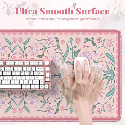 iLeadon Desk Mat Pink, Large Floral Mouse Pad for Desks with Smooth Lycra Surface, Long Full Desk Mouse Cushion for Laptop, Keyboard Mat for Office, Home, Light Pink