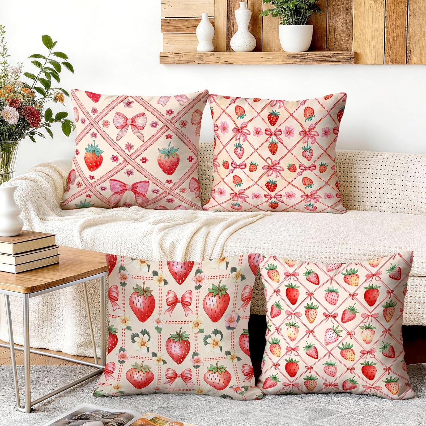 OBSEDE Pink Bow Strawberry Throw Pillow Covers 18 × 18 in, Set of 4, Couch Cushion Cases Inserts for Sofa Bed Living Room Home Decor, Single Side Print