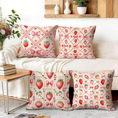 OBSEDE Pink Bow Strawberry Throw Pillow Covers 18 × 18 in, Set of 4, Couch Cushion Cases Inserts for Sofa Bed Living Room Home Decor, Single Side Print