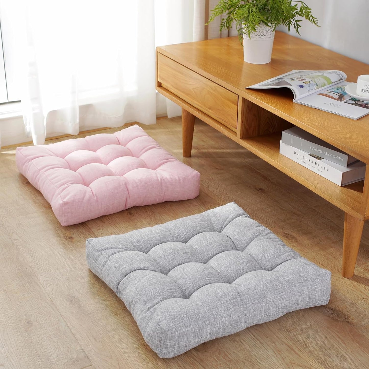 18x18x4 Inch Tufted Seat Cushion Cotton Linen Seat Cushions Non-Slip Chair Pad for Dining Room Kitchen Office Chairs (Pink,18"x18")