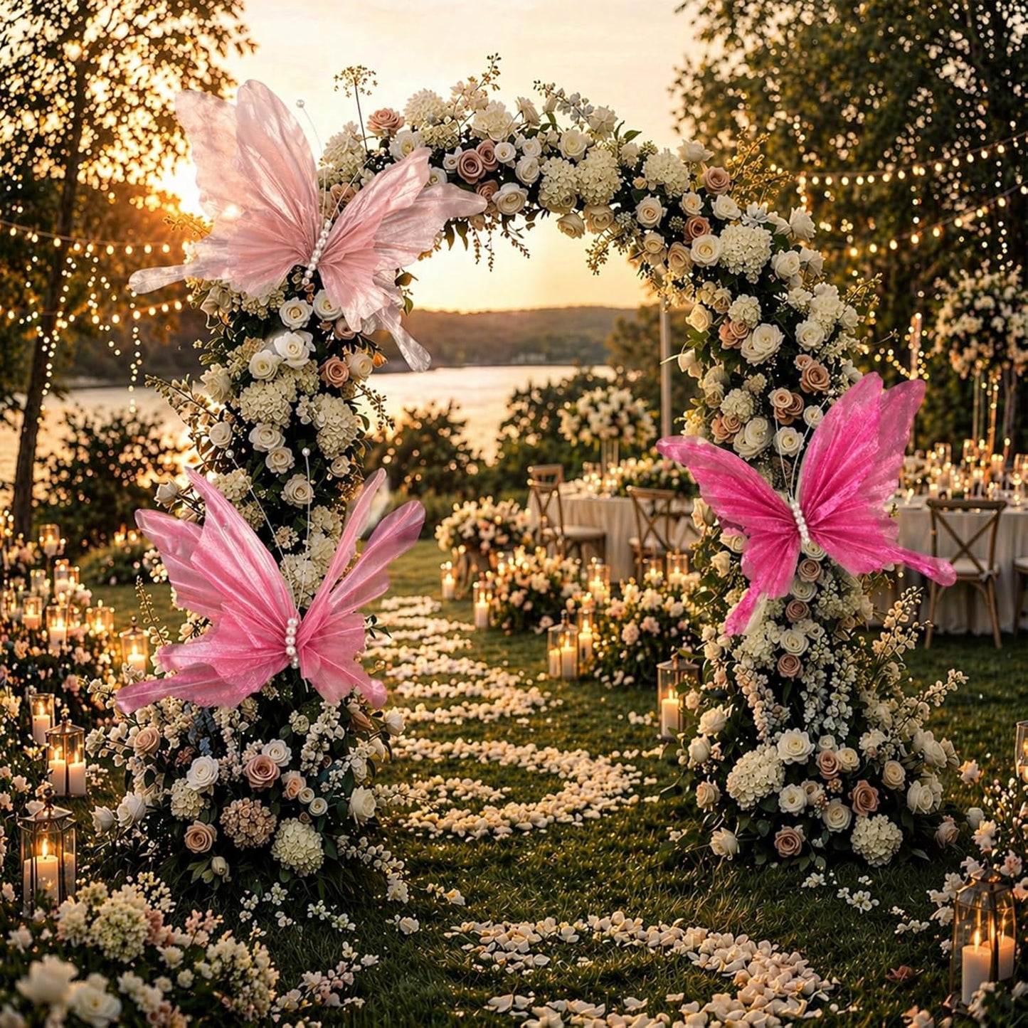 Havawish 3 Pcs 19.7in Giant Butterfly Decoration for Wedding Party Reception, Artificial Gauze Large Butterfly Prop for Banquet Ceremony Church, Pink, Peach Pink, Rose Red