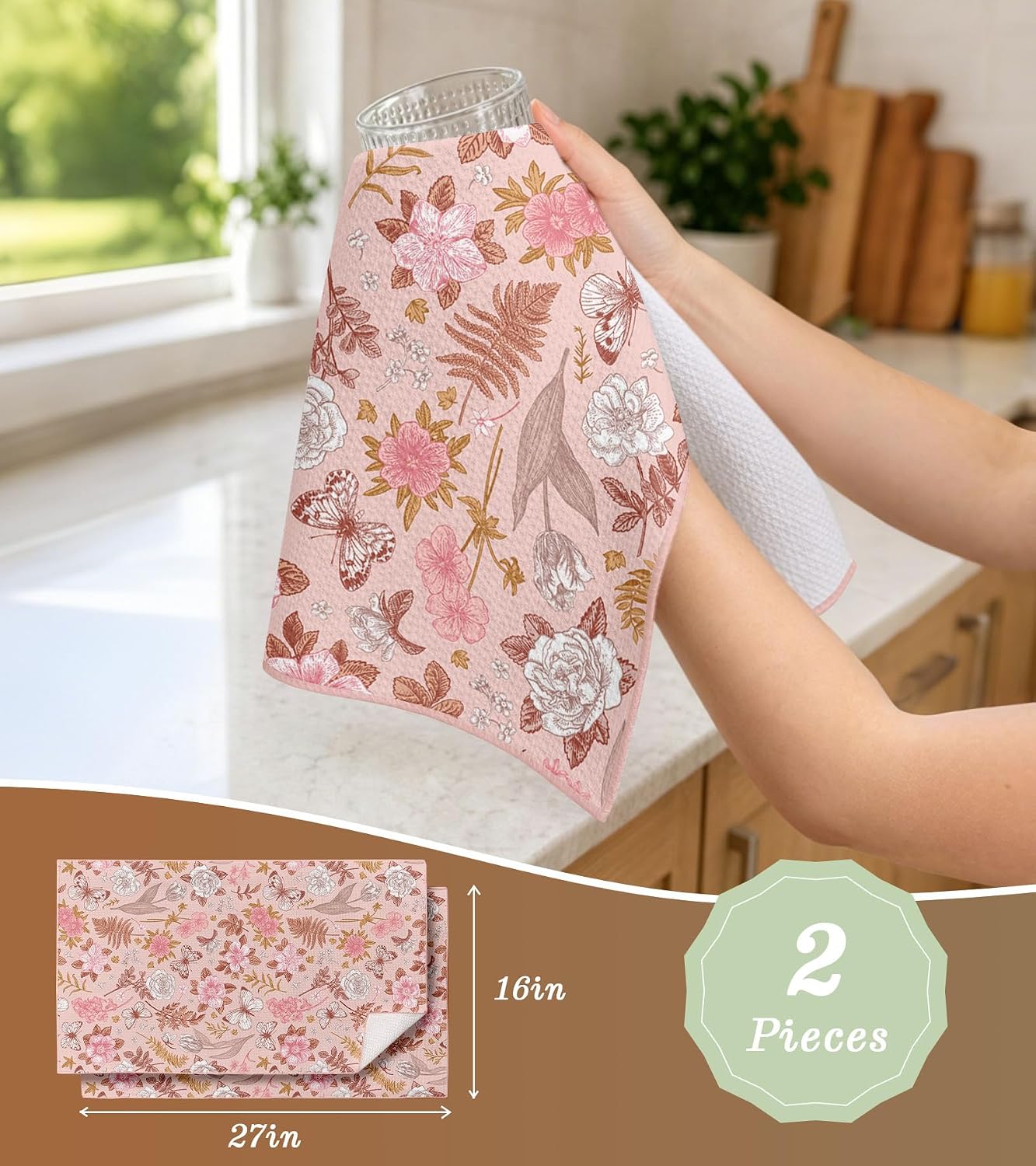 Waffle Kitchen Towels - 2pcs Waffle Weave Dish Cloths Set with Hanging Loop Microfiber Drying Hand Tea Towels Decorative Absorbent Cute Design 16x26 Inch for Housewarming Gift, Pink Flower