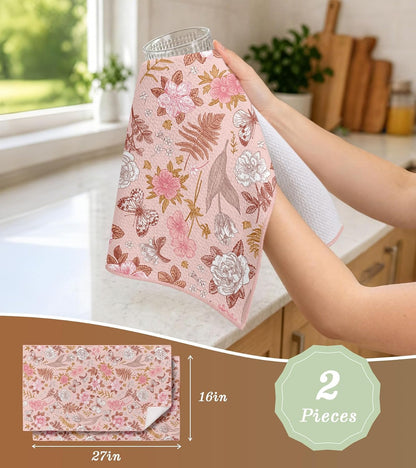 Waffle Kitchen Towels - 2pcs Waffle Weave Dish Cloths Set with Hanging Loop Microfiber Drying Hand Tea Towels Decorative Absorbent Cute Design 16x26 Inch for Housewarming Gift, Pink Flower