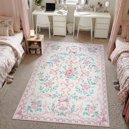 Collive Pink Floral Rugs for Bedroom Girls, 5x7 Bow Nursery Rug for Dorm Washable Area Rug for Living Room, Cute Ultra-Thin Non Slip Indoor Decor Carpet for Kids Room Playroom (Pink 5' x 7')