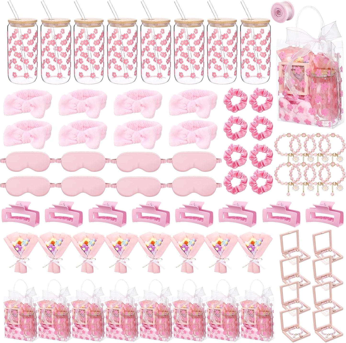 Vesici 73 Pcs Spa Sleepover Party Supplies Bulk Spa Birthday Gifts Slumber Party Favors for Women Bridesmaid Gift Basket with Glass Cup, Eye Mask, Hair Ties, Clip, Bag, Headband (Cherry Blossoms,Pink)