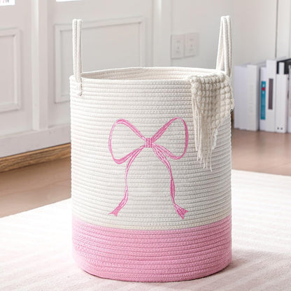 Honeydak Pink Laundry Basket Bow Hamper Coquette Laundry Basket Cotton Rope Pink Hamper 15 x 17.7 Inches Toy Box Large Coquette Bow Teens Girls Room Storage for Blanket Toys Clothes Organization