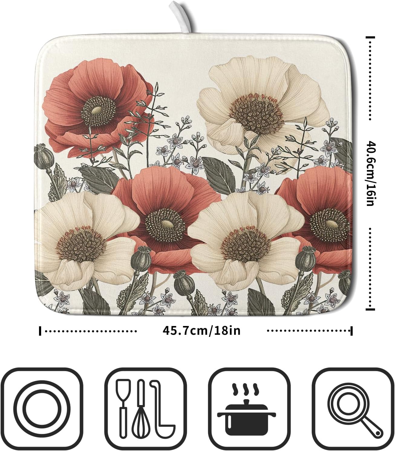 Floral Dish Drying Mat for Kitchen Counter 18x16 Inch Beige Pink Big Flower Drying Mat with Absorbent Reversible Microfiber Season Spring Dish Drainer Mats Rack Pad for Coffee Countertop Protector