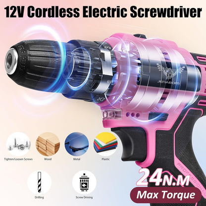 JENABOM Pink Tool Set - 12V Cordless Drill Kit, 151 Piece Home Tools Set With Power Drill, Tool Kits for Men & Women, Perfect for Homeowner, Diyer, Handyman