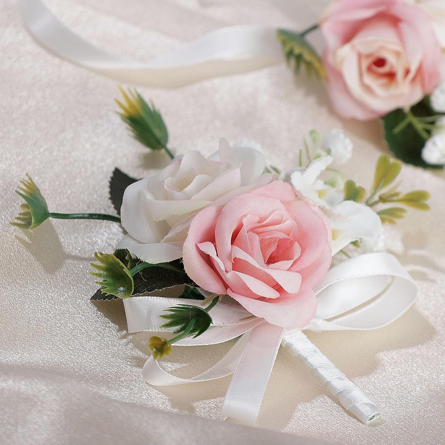 Alizeal 2Pcs of Wrist Corsage and Boutonniere Set, Artificial Flowers Accessories Suit Decor for Wedding Prom Party Homecoming Ceremony, White+Pink