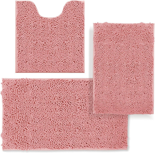 Bathroom Rugs Sets 3 Piece,Bath Mats for Bathroom Non Slip, Thick Chenille Bath Rug,Soft and Absorbent Shaggy Bathroom Mat Set, Machine Wash & Quick Dry Durable Carpet for Bath,Kitchen,Pink