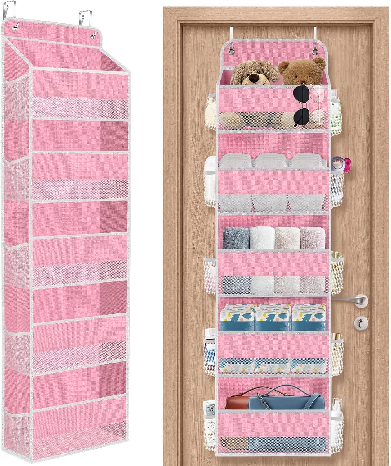 SpaceHacks 5-Tier Over The Door Organizer Hanging Storage Organizers with Clear Window 40lb Large Capacity Room Organizer for Pantry Bathroom Nursery Closet(Pink)