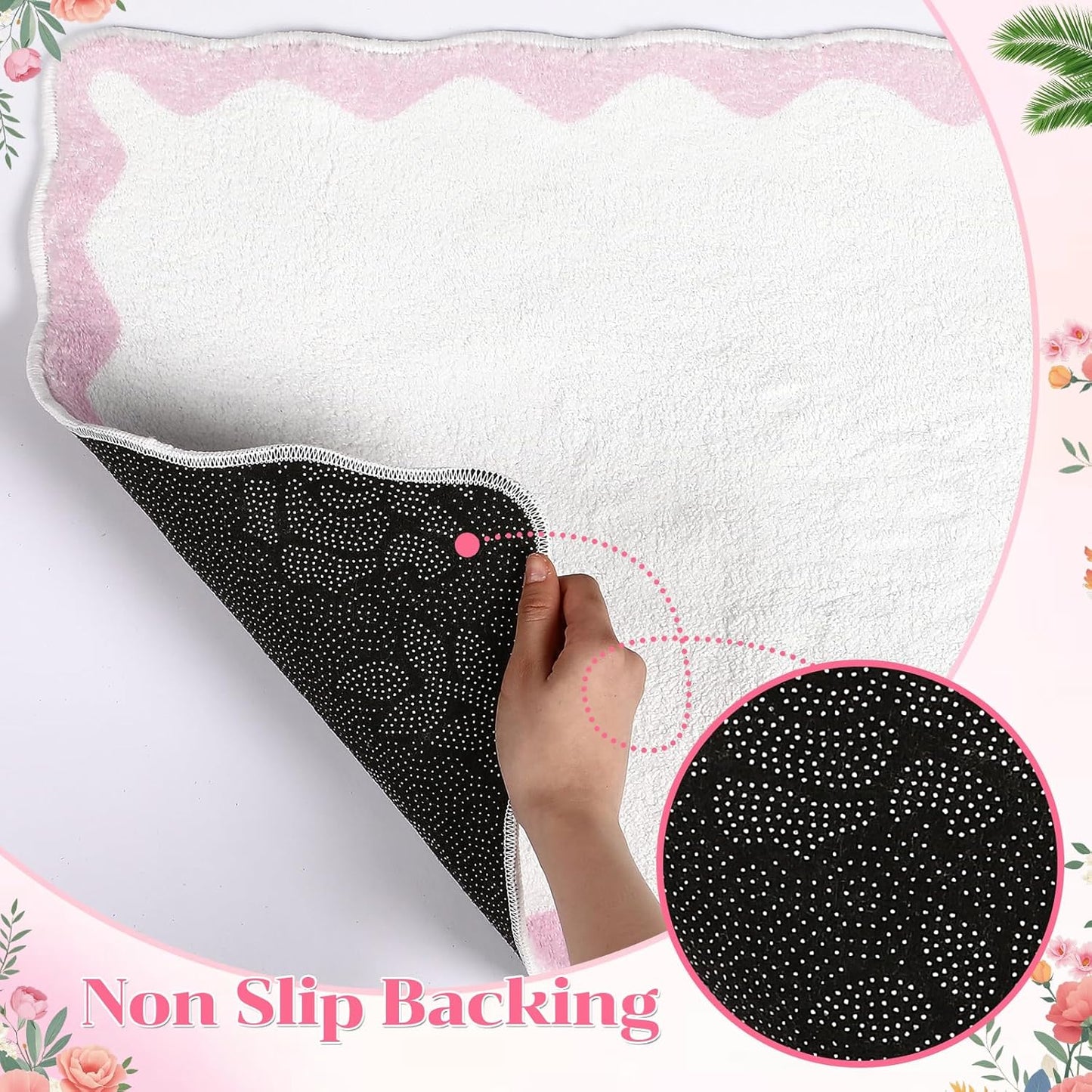 Drydiet 3 Pcs Pink Scalloped Bathroom Rug Set Cute Pink Bathroom Mat U-Shaped Mat Toilet Seat Cover, Non Slip Absorbent Microfiber Bath Rugs Aesthetic Preppy Room Decor for Girls, Dorm Guest Bath