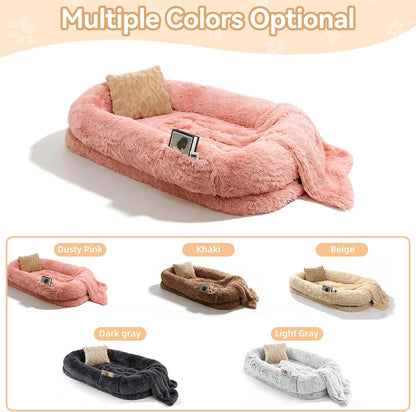 Human Dog Bed with Pillow & Blanket - 71 × 45 × 12 Inch Oversized Pet Bed for Large Dogs, Leak-Resistant Washable Dog Couch Bed for People and Dogs to Share, Soft Long Plush Lounge Pet Sofa Pink.