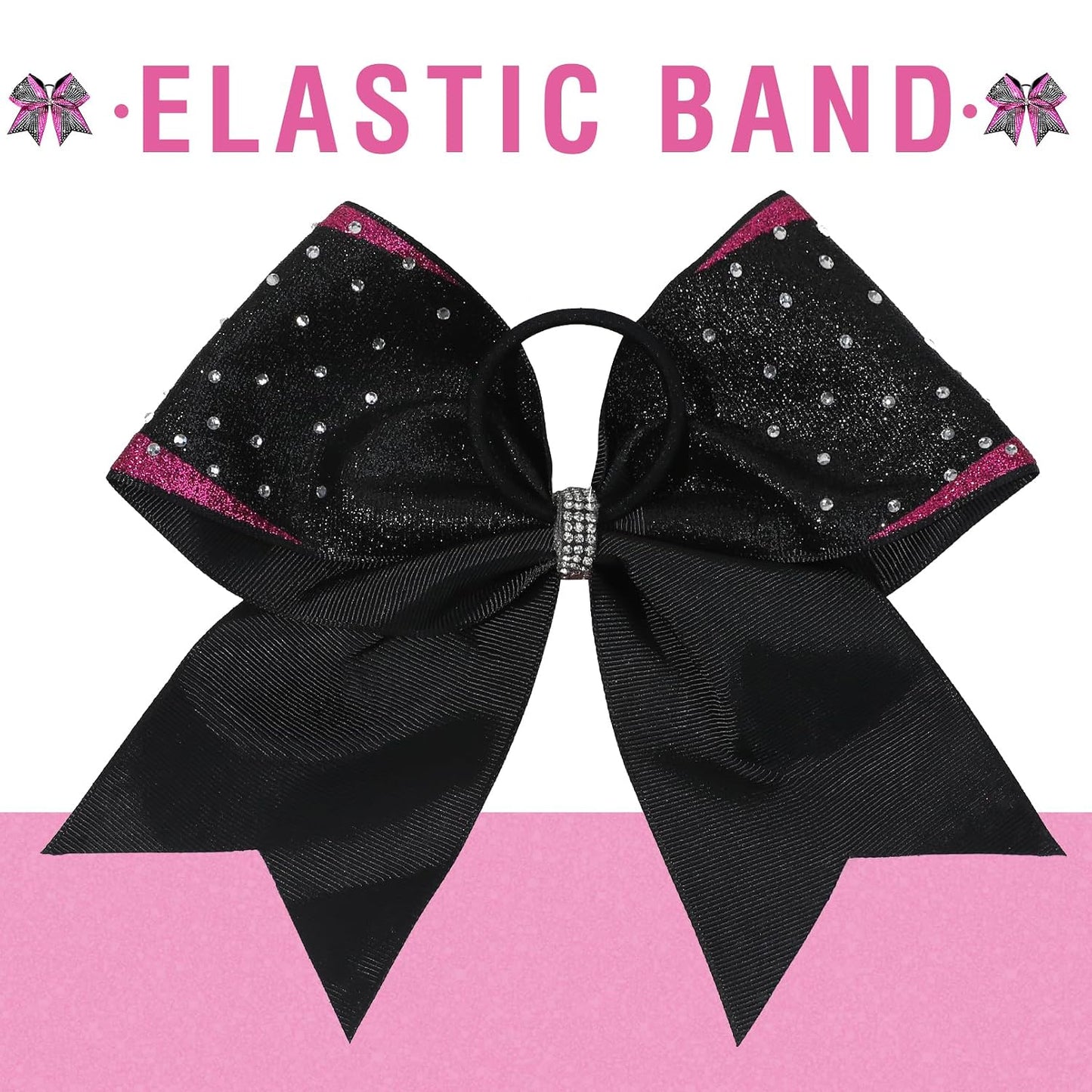 DEEKA 6PCS 8" Large Glitter Pink and Black Cheer Bows Two Toned Rhinestones Stiff Cheer Hair Bows Elastic Band Competition Bows for Cheerleader Team Girls Sports -Pink/Black