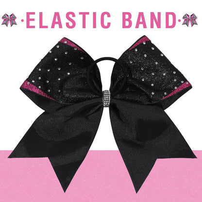 DEEKA 6PCS 8" Large Glitter Pink and Black Cheer Bows Two Toned Rhinestones Stiff Cheer Hair Bows Elastic Band Competition Bows for Cheerleader Team Girls Sports -Pink/Black