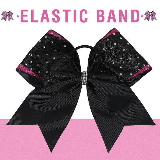 DEEKA 6PCS 8" Large Glitter Pink and Black Cheer Bows Two Toned Rhinestones Stiff Cheer Hair Bows Elastic Band Competition Bows for Cheerleader Team Girls Sports -Pink/Black