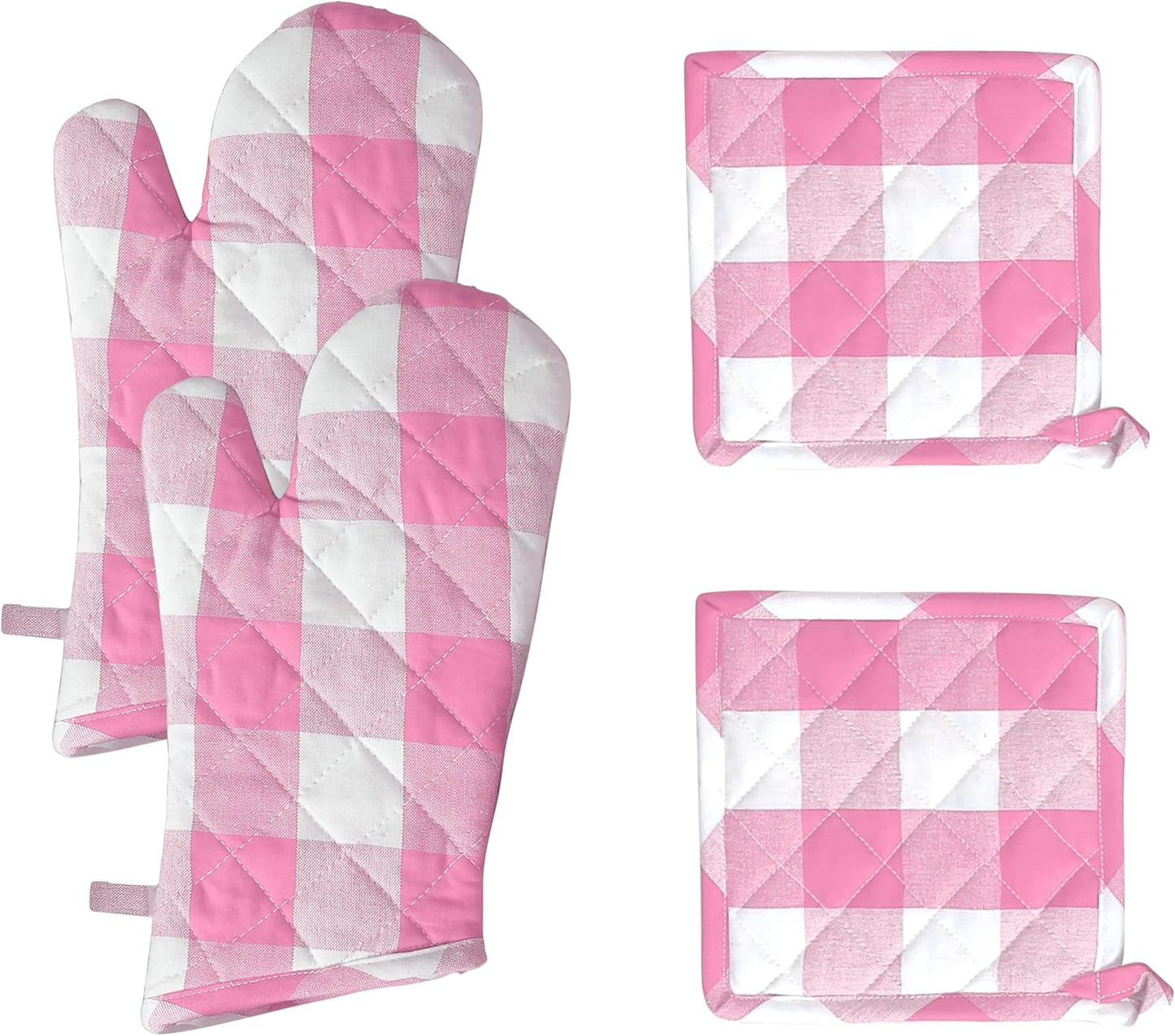 Native Fab Buffalo Plaid Check Oven Mitts and Pot Holders Set of 4, 100% Cotton Heat Resistant Kitchen Gloves, 2 Oven Mitts (7x13), 2 Pot Holders (8x8) for Cooking & Baking, Pink White
