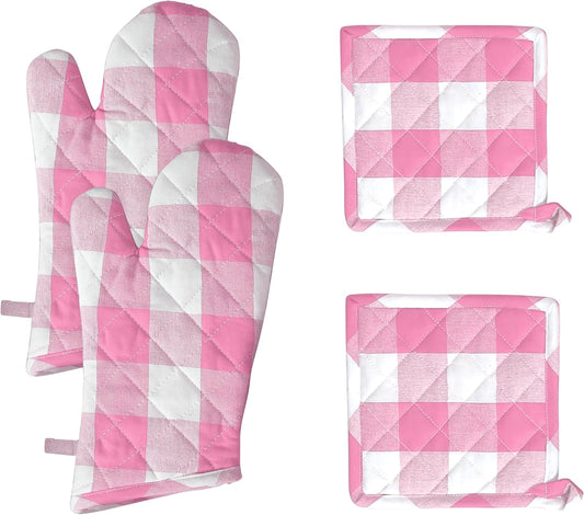 Native Fab Buffalo Plaid Check Oven Mitts and Pot Holders Set of 4, 100% Cotton Heat Resistant Kitchen Gloves, 2 Oven Mitts (7x13), 2 Pot Holders (8x8) for Cooking & Baking, Pink White
