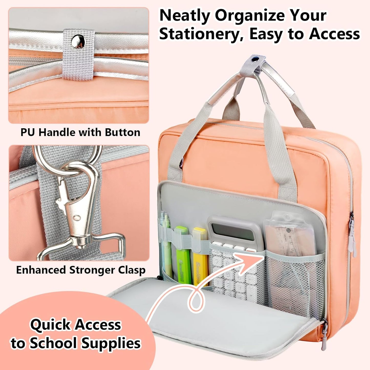 SIYNPAV 3 Ring Zipper Binder Bag 2 Inch with Shoulder Strap, Waterproof Nylon Binder with Zipper for 500 Sheet Capacity, Multi-Pocket Portfolio Organizer Case for 13 Inch Laptop Middle School (Peach)