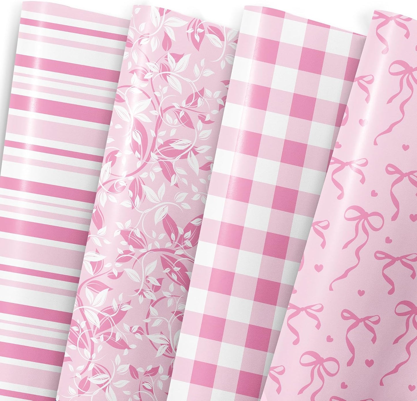 MotiGiftie Pink Wrapping Paper Sheet - 8 Sheets Folded Flat Gift Wrap with Cute Ribbon Bow, Pink Plaid, Stripes and Leaves Design for Girl Baby Shower, Birthday, Wedding - 20 X 28 Inch Per Sheet