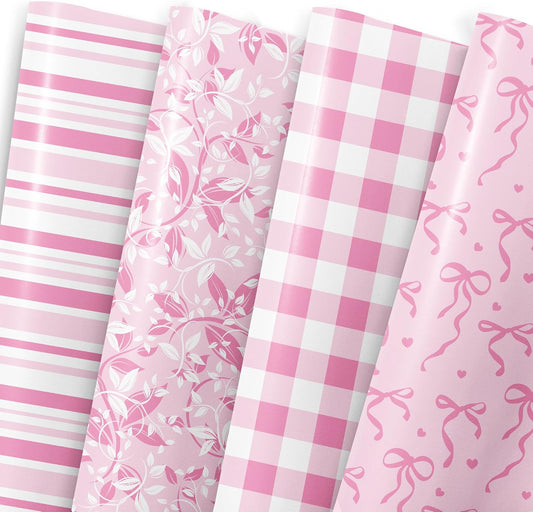 MotiGiftie Pink Wrapping Paper Sheet - 8 Sheets Folded Flat Gift Wrap with Cute Ribbon Bow, Pink Plaid, Stripes and Leaves Design for Girl Baby Shower, Birthday, Wedding - 20 X 28 Inch Per Sheet