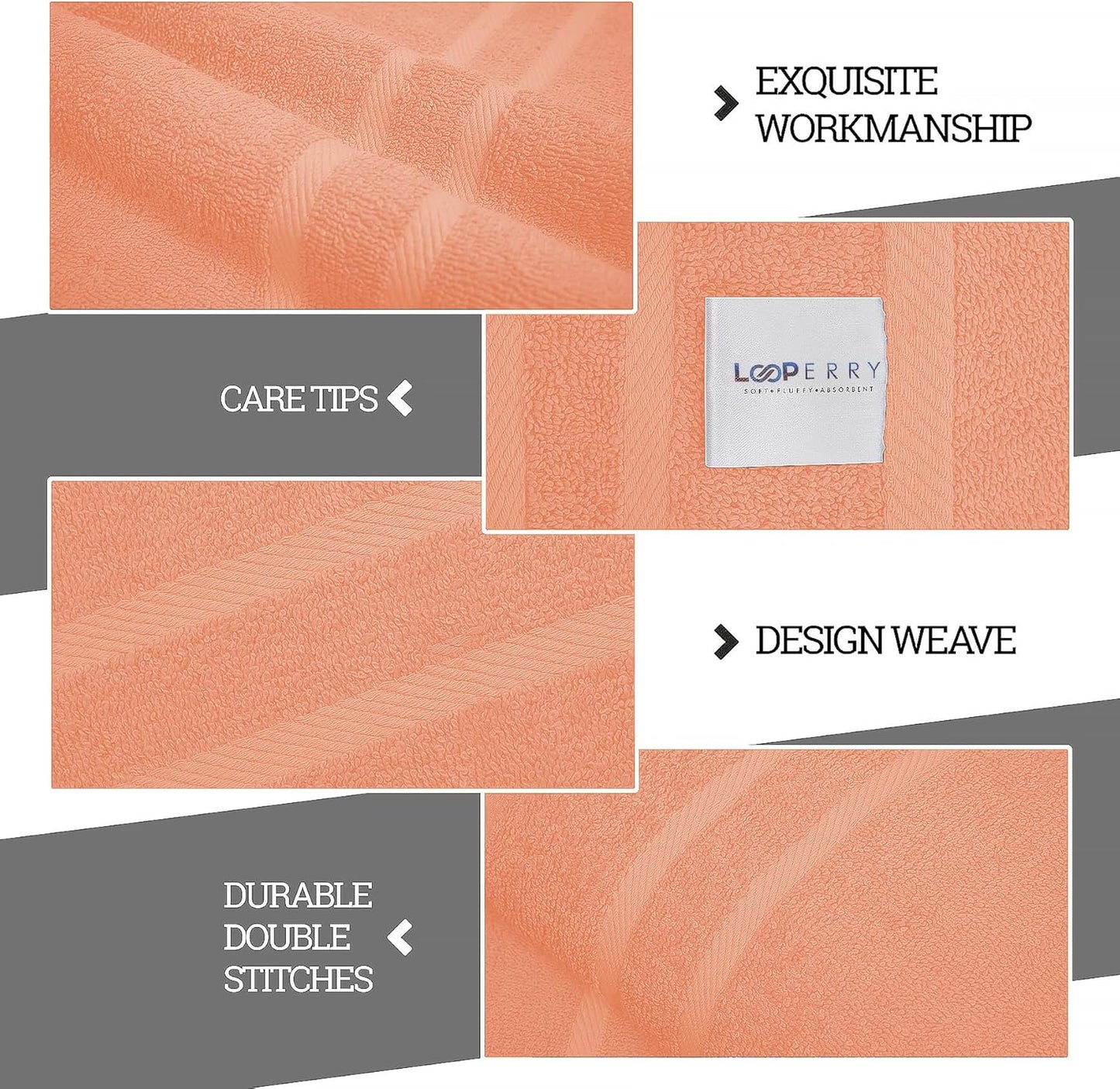 Looperry 6 Pack Small Bath Towel Set - 100% Cotton 23x46 Shower Towels in 450 GSM. Lightweight & Absorbent Quick Dry Gym Towel for Showering, Pet Drying, Spas & Salons. Terry Ringspun Towels (Peach)