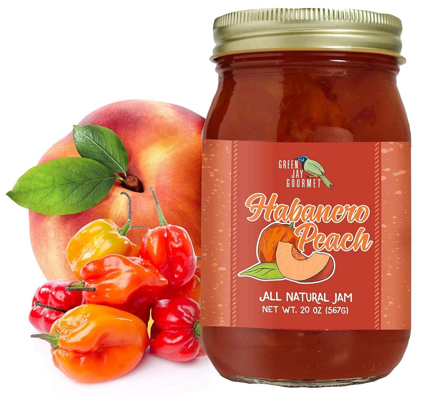 Green Jay Gourmet Peach Habanero Jam – Sweet & Smooth All Natural Fruit Preserve & Spread – Handcrafted Small Batch Gourmet Jam for Cheese Boards, Glazes & Appetizers – 20 Ounces