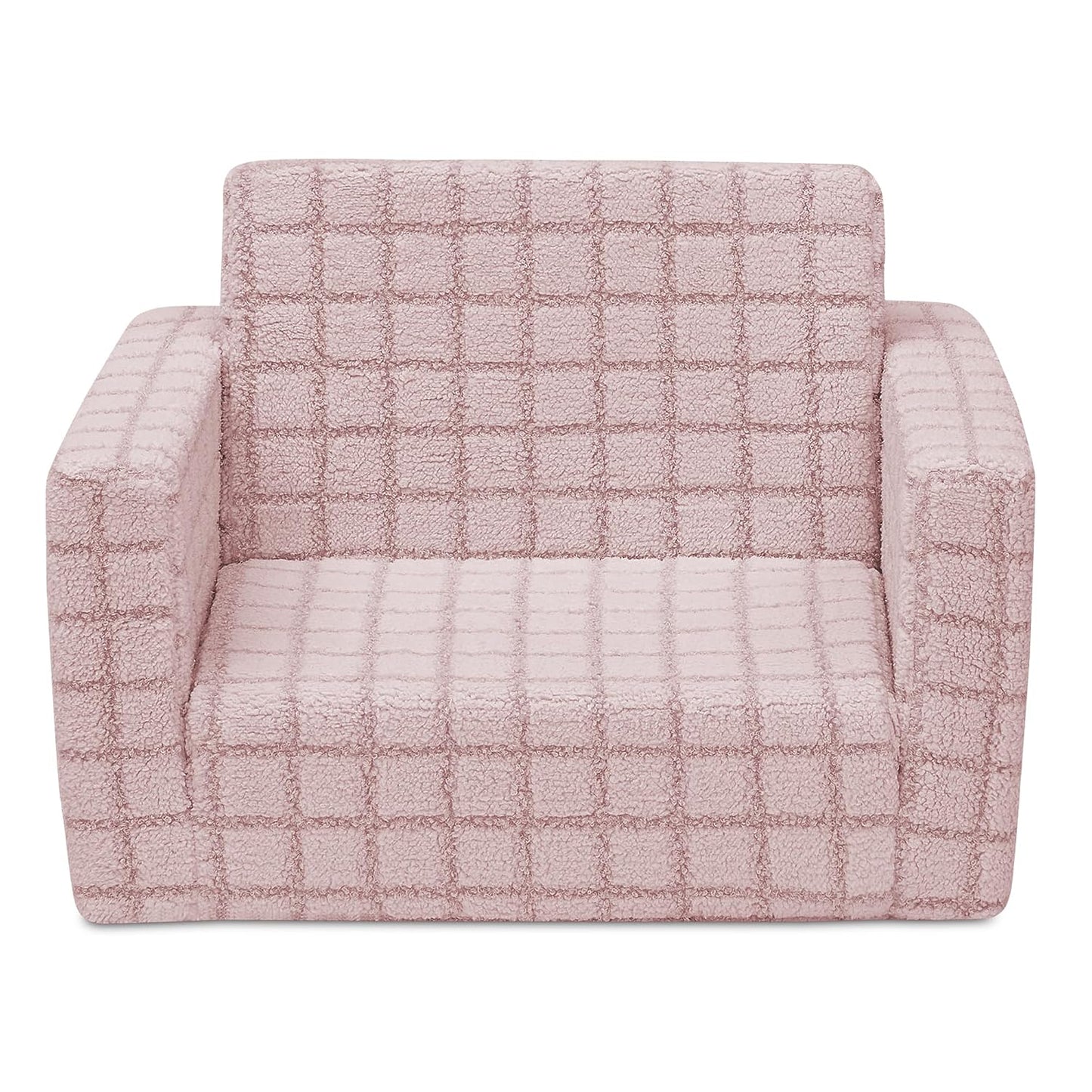 Delta Children Checkered Cozee Flip-Out Kids Chair, Snuggly Sherpa-Like Foam Convertible Armchair for Boys and Girls, Machine Washable Cover, Soft Comfy Toddler Seating for Playroom/Bedroom, Pink
