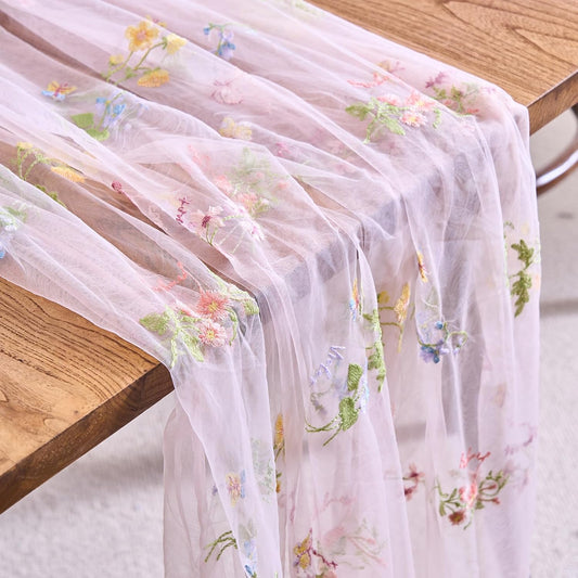 vctops 2 Packs Embroidery Lace Fall Table Runner 10ft Floral Garden Seasonal Tulle Table Runner Holiday Kitchen Dining Table Decoration for Wedding Party Baby Shower Birthday (Pink,30"x120")