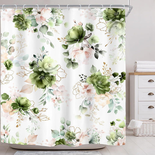 Riyidecor Green Gold Floral Shower Curtain for Bathroom Decor 72Wx72H Cute Boho Rose Flower Botanical Spring Blossom Leaves Girly Sage Art Printed Fabric Polyester Waterproof 12 Pack Hooks