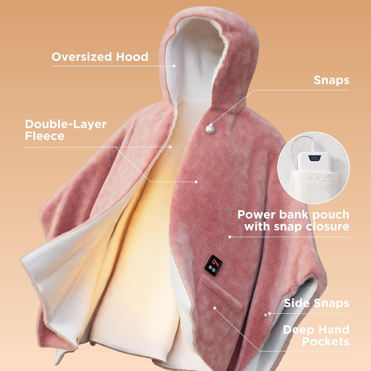 Bedsure Cordless Wearable Heated Blanket - Fluffy Electric Blanket Hoodie with 20000mAh Battery Pack, Portable USB Heated Shawl as Winter Gifts for Women Mom, 4 Heat Levels & 4 Timers, 55"x69", Pink