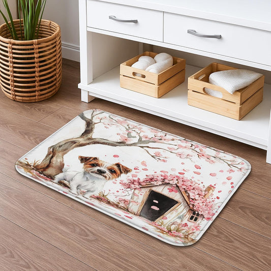 Vintage Floral Quick Dry Bath Mat, Peach Dog and Cherries Blossom Absorbent Non Slip Shower Mat, Spring Decorative Washable Bath Rugs for Bathroom Toilet Restroom 16x24 Inch