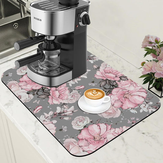 Pink Flowers and Leaves Coffee Mat Absorbent Dish Drying Mat for Kitchen Counter Hide Stain Rubber Backed Coffee Bar Accessories Fit Under Espresso Machine Cafe Table, 11.8 x 19.7 Inch