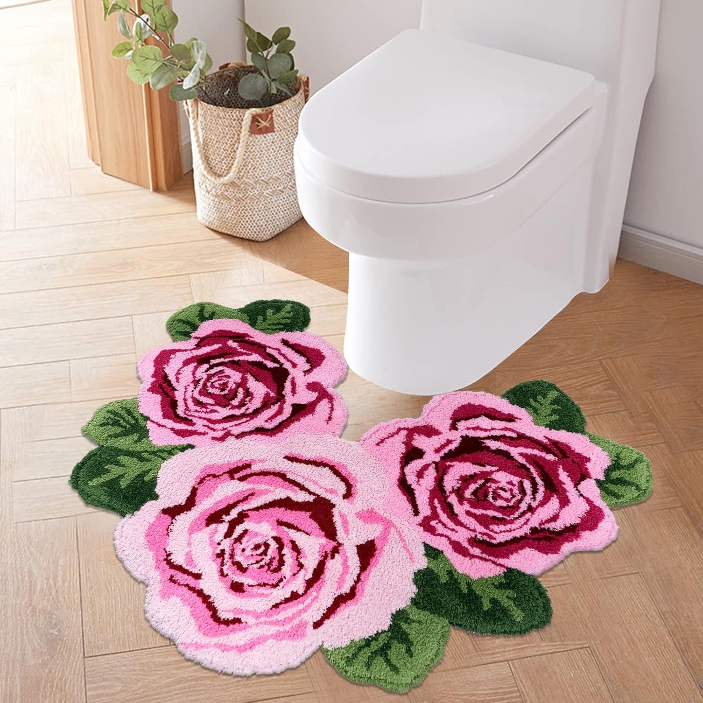 USTIDE Rose Toilet Rug Pink 23.6"X27.5" Shaggy U Shaped Bathroom Rug,Water Absorbent Accent Mat for Bathroom Vanity, Washable Christmas Carpet Decor Bathtub/Shower