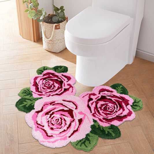 USTIDE Rose Toilet Rug Pink 23.6"X27.5" Shaggy U Shaped Bathroom Rug,Water Absorbent Accent Mat for Bathroom Vanity, Washable Christmas Carpet Decor Bathtub/Shower