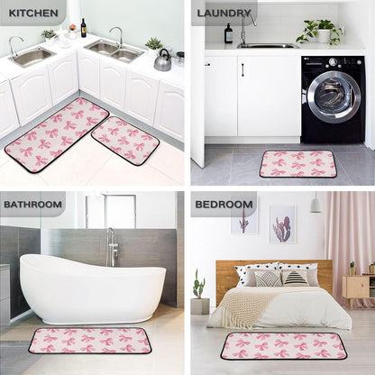 Burbuja Pink Bow Kitchen Rug and Mat Set of 2, Absorbent Washable Non Skid Comfort Standing Floor Mat for Kitchen Bathroom Living Room Sink Laundry